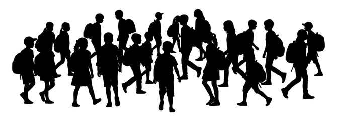 Obraz premium Silhouette of School children walking with backpacks