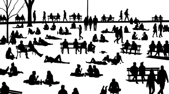 Silhouette of Park scene with people relaxing and socializing