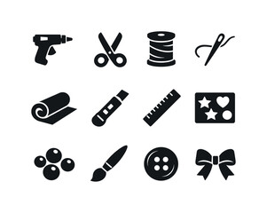 Obraz premium DIY Craft Icons. DIY craft projects. Solid icon set of DIY craft projects: glue gun, scissors, thread spool, needle, fabric roll, craft knife, ruler, stencil,