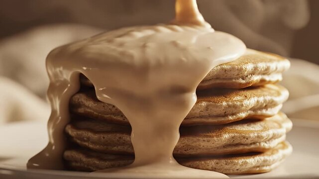 Stack Of Golden Brown Pancakes Drizzled With Creamy White Sauce In Soft Warm Lighting