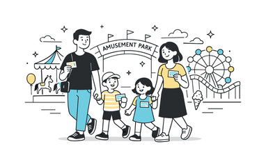 Naklejka premium Family Fun Arrival. Family in amusement park arrival. Family walking together through the park entrance with tickets and smiles, colorful attractions in the