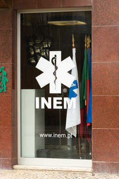 LISBON, PORTUGAL - JANUARY 28, 2026: INEM Emergency Medical Services Logo on Office Door. Lisbon, Portugal