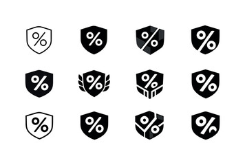 Interest Rate Logos. Interest rates and bonds. Icon set. Set Logo of Interest rates and bonds: shield with interest symbol. harmonious logo variations of the