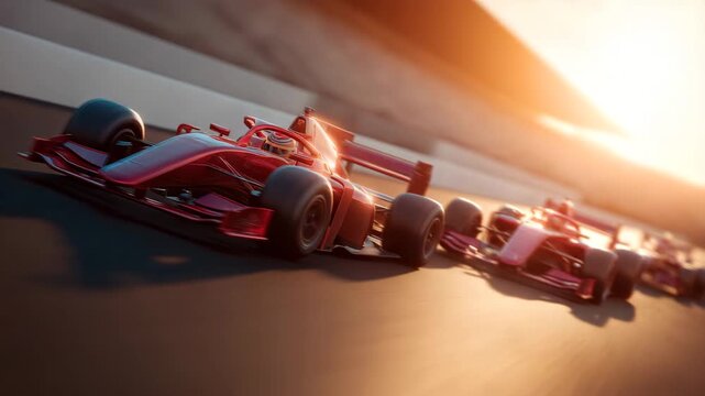 Red racing cars speed along a racetrack, showcasing dynamic motion and precision driving as they navigate sharp turns and compete for the lead in a thrilling race environment