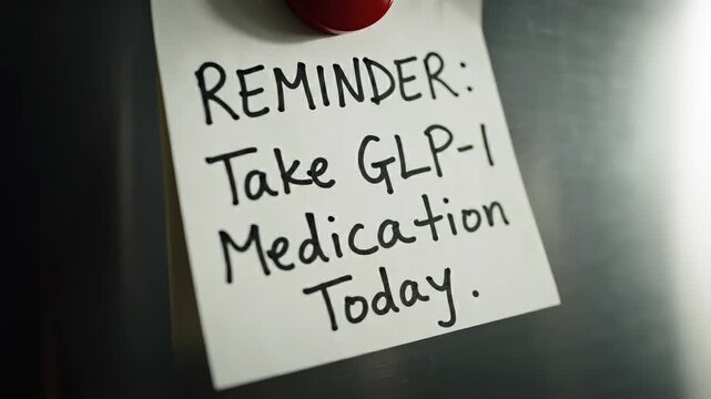 Reminder note GLP-1 on refrigerator door, highlighting medication schedule with clear text, showcasing the importance of health management in a domestic kitchen setting
