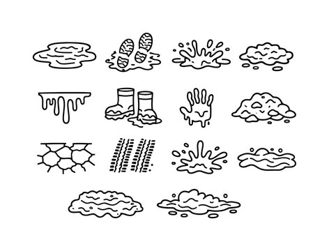 Muddy Line Icon Set. Mud. Line icon set of Mud: muddy puddle, footprints in mud, splashing mud, sticky mud texture, mud drip, muddy boots, mud handprint, wet