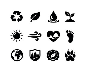 Fototapeta premium Eco Icons Grid. Eco elements. Solid icon set of Eco elements: recycling symbol, leaf icon, water conservation drop, tree sprout, solar icon, wind icon, nature