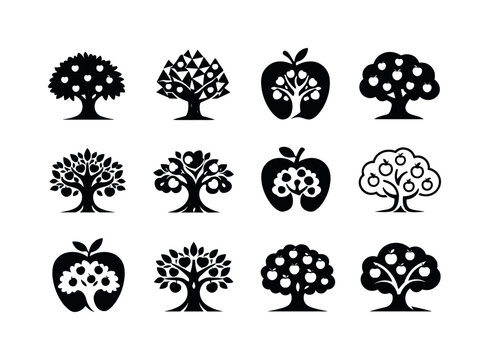 Apple Tree Icons. Apple tree. Icon set. Set Logo of apple tree: full tree silhouette. harmonious logo variations of the same emblematic concept, each with