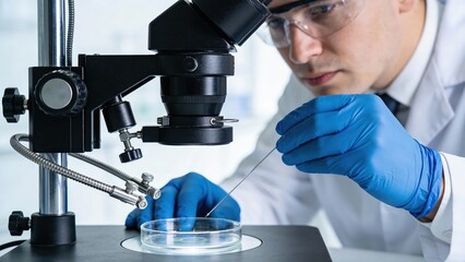 A scientist in a lab coat and gloves carefully manipulates a pipette over a petri dish. The image conveys themes of scientific research, precision, and laboratory work.