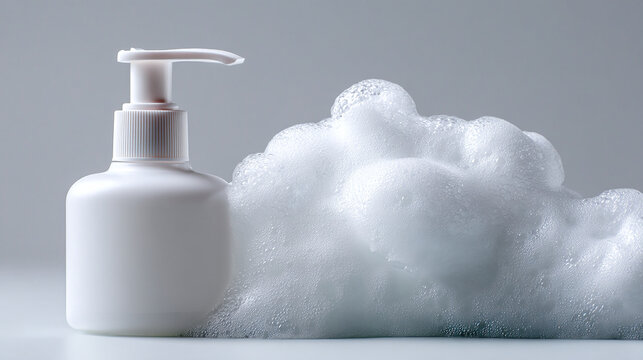 A white bottle of soap next to a pile of fluffy foam