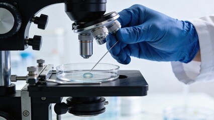 A scientist in gloves carefully pipettes a liquid into a petri dish in a laboratory setting.