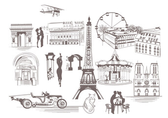 Design with the Eiffel tower and french sights, architectural elements, happy couples. Hand drawn vector illustration. © Anna Laifalight