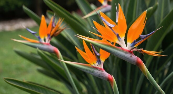 Close-up of vibrant bird-of-paradise flowers with striking orange, blue, and green hues