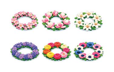 Spring Flower Wreaths. Spring flower wreaths. Isometric flat vector icons set of Spring flower wreaths: cherry blossom wreath, magnolia wreath, lily wreath,