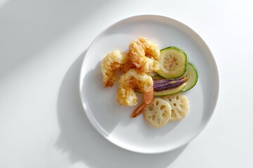 Crispy shrimp and vegetable tempura in minimal styling, perfect for menus, packaging, Asian cuisine branding and advertising.