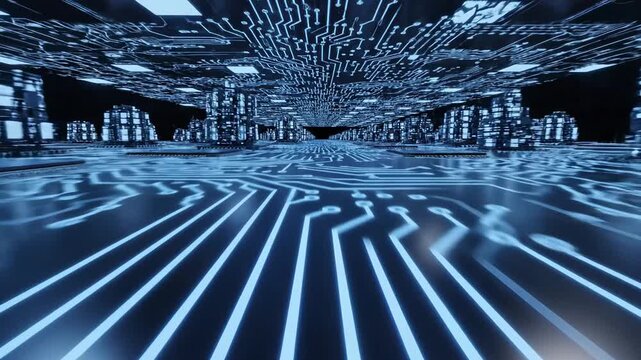 Futuristic digital landscape with illuminated circuit patterns and towering structures, showcasing a continuous flow of technology and innovation in a virtual environment
