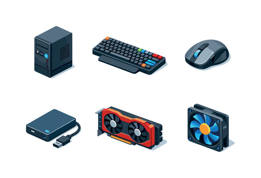 Isometric Hardware Icons. Computer hardware. Isometric flat vector icons set of computer hardware: system unit tower, mechanical keyboard, optical mouse,