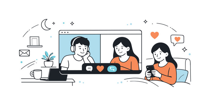 Connected Across Distances. Long-distance relationship communication. Two people in separate spaces connected by a single chat window or call screen in the