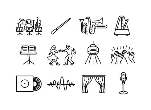 Swing Dance Icon Set. Swing music dance event. Line icon set of Swing music dance event: big band orchestra, conductor baton, brass section, dance tempo