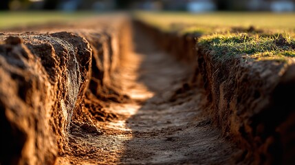 Fototapeta premium Dig a trench. Earthworks, digging trench. Long earthen trench dug to lay pipe or optical fiber. Construction the sewage and drainage. View from the trench. Clay soil. Part of the image is blurred
