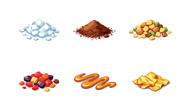 Flavor Icons Grid. Flavor Accents. Isometric flat vector icons set of Flavor Accents: sea salt flakes topping, cocoa powder dust, crushed nuts mix, dried fruit