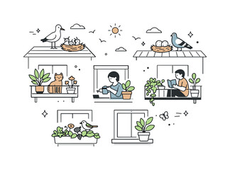 Obraz premium Urban Wildlife Harmony. Urban wildlife coexistence. Birds nest on rooftops while plants grow on balconies and windowsills, illustrating everyday biodiversity