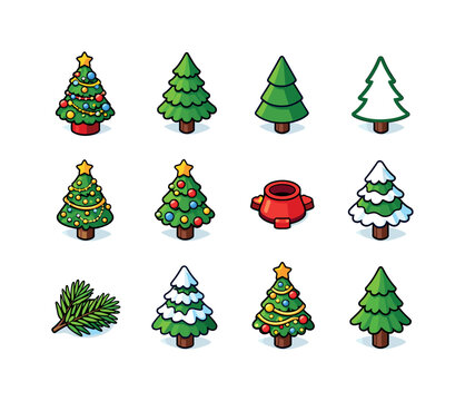 Isometric Christmas Trees Icons. Christmas trees. Colorful isometric vector icons set of christmas trees: decorated fir tree, plain fir tree, pine tree shape,