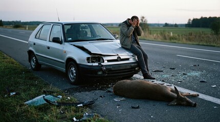 Man sits on his car after hitting a deer in a road accident. Sad driver with broken car bumper next to animal carcass. Unfortunate incident concept.