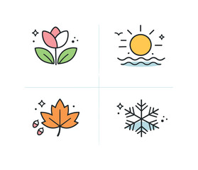 Obraz premium Seasonal Nature Quadrants. Seasonal Nature Icons. Four quadrants layout with each season represented by a nature icon and small decorative accents. Clear
