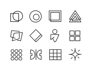 Creative Geometric Icons. Creative Shapes. Line icon set of Creative Shapes: overlapping shapes, cutout circle, framed square, layered triangle, abstract