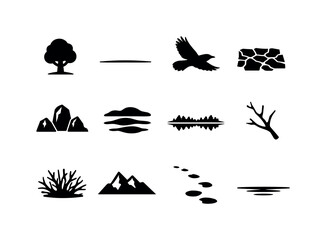 Obraz premium Minimalist Nature Icons. Minimalist Nature in Black and White. Solid icon set of Minimalist Nature in Black and White: single tree, flat horizon, flying crow,