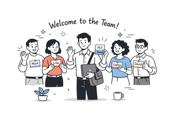 Fototapeta premium Warm Team Welcome. Employee onboarding team introduction. Colleagues greeting a new team member with friendly gestures and name cards. Warm welcome and sense