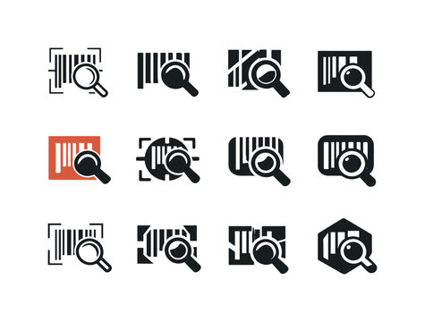 Barcode Scan Icons. Inspection. Icon set. Set Logo of inspection: barcode scan icon. harmonious logo variations of the same emblematic concept, each with