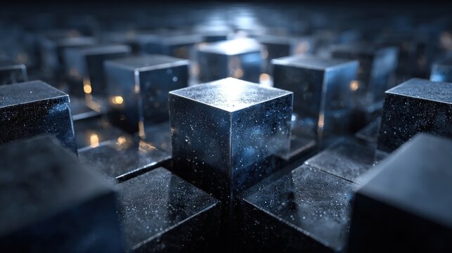 Numerous metallic navy cubes rise from a dark surface, their surfaces catching speckles of light. The arrangement creates a textured, geometric pattern in a dark environment