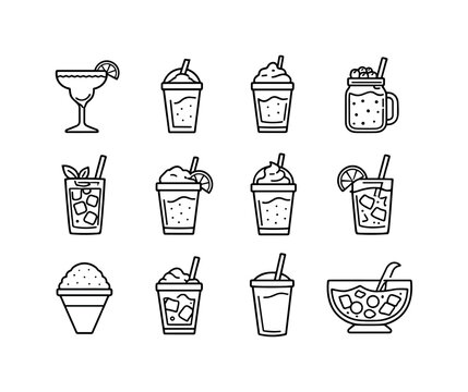Frozen Drink Icons. Party drinks. Line icon set of frozen party drinks: frozen margarita, slush cup, ice-blended coffee, berry frost drink, frozen mojito,