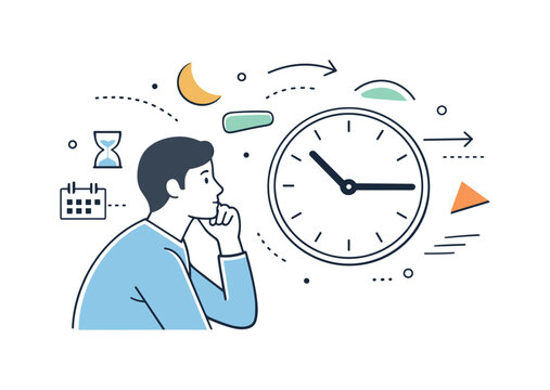 Contemplating Time Flow. Time perception. A person looking at a clock with abstract floating shapes and arrows around, representing the subjective flow of