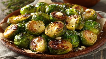 Delicious roasted Brussels sprouts topped with chopped garlic and flaky sea salt, served on a brown wooden plate, ready to be enjoyed at a rustic table