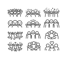Fototapeta premium Group Happiness Icons. Group happiness. Line icon set of Group happiness: happy crowd, people laughing together, raised hands joy, shared celebration, smiling