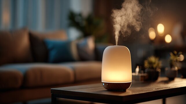 A luminous essential oil diffuser sits on a wooden coffee table, emitting a fine stream of vapor, illuminating a peaceful living room with soft, warm light in the evening