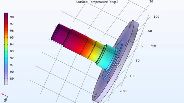Video animation of computer 3d modeling of 
mechanical part with rotation. Steel worm shaft with
round cover of electrical reducer. Temperature distribution cad analysis. Technology projection.