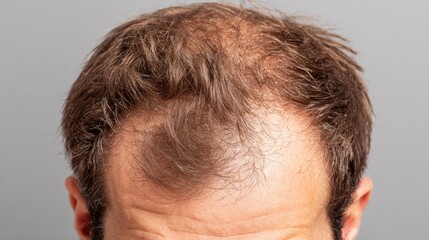 Fototapeta premium Close-up view of a man's scalp revealing widespread hair loss and thinning brown hair. Visible balding areas appear on top of his head against a simple gray background