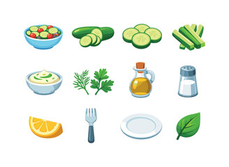Cucumber Icon Set. Cucumber food. Colorful flat vector icons set of Cucumber food: cucumber salad bowl, sliced cucumber, cucumber rounds, cucumber sticks,
