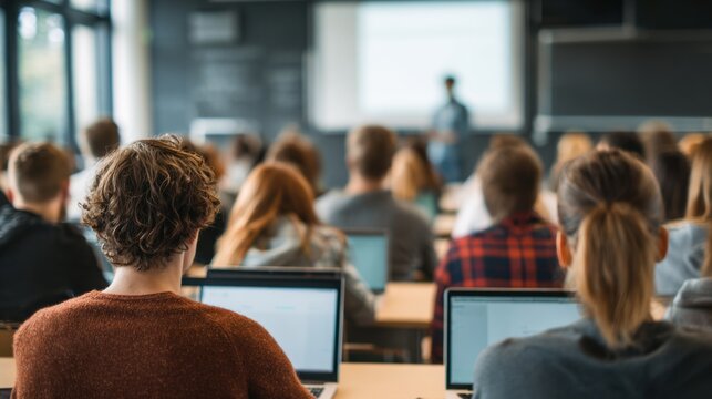 College lecture in classroom setting with students seated at desks using laptops, instructor presenting in front of large screen and blackboard visible in background