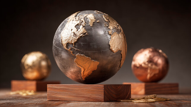 A metallic globe with raised continents placed on wooden bases illustrating global economy, geopolitics and international balance concept