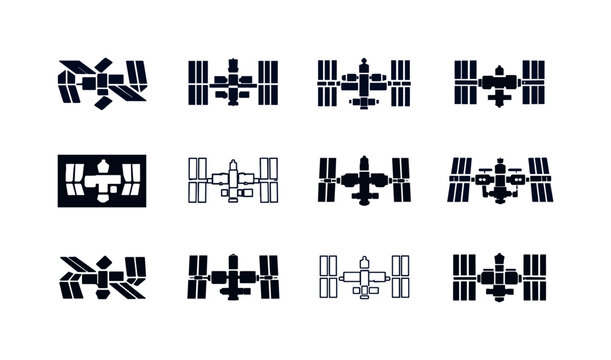 Space Station Icons. Space stations. Icon set. Set Logo of Space stations: international space station style structure. harmonious logo variations of the same