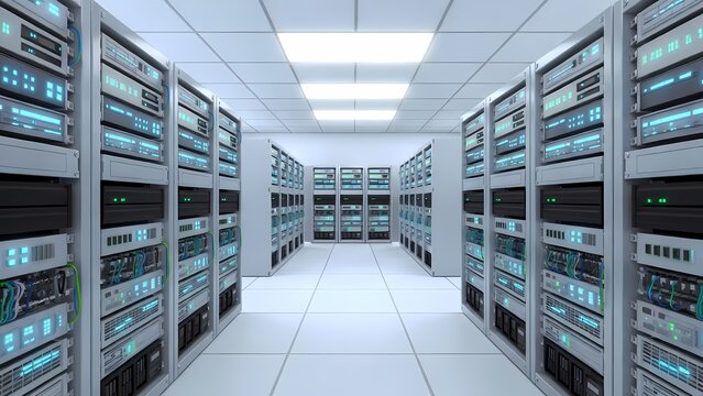 Data center server racks in a bright modern interior - cinematic photo of high-tech infrastructure with cool blue LED lighting