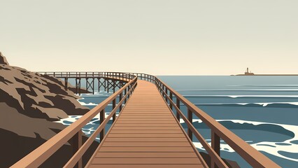 Naklejka premium Coastal wooden boardwalk over tranquil ocean toward distant lighthouse, cinematic digital illustration with soft pastel palette