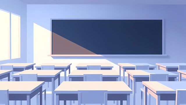 Empty classroom interior with rows of desks and chairs under soft pastel light, a 3D render with cinematic feel and calm educational atmosphere