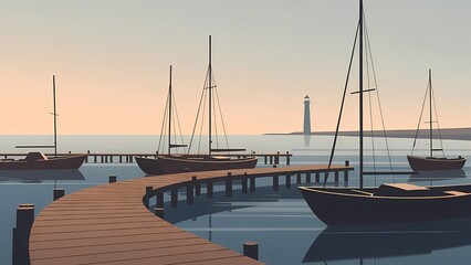 Fototapeta premium Calm harbor sunset with sailboats along a curved wooden pier and distant lighthouse, cinematic illustration