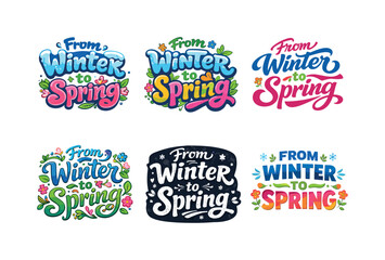 Naklejka premium Seasonal Lettering Variations. From winter calm to spring bloom. Set lettering. harmonious lettering variations of the same emblematic concept, each with